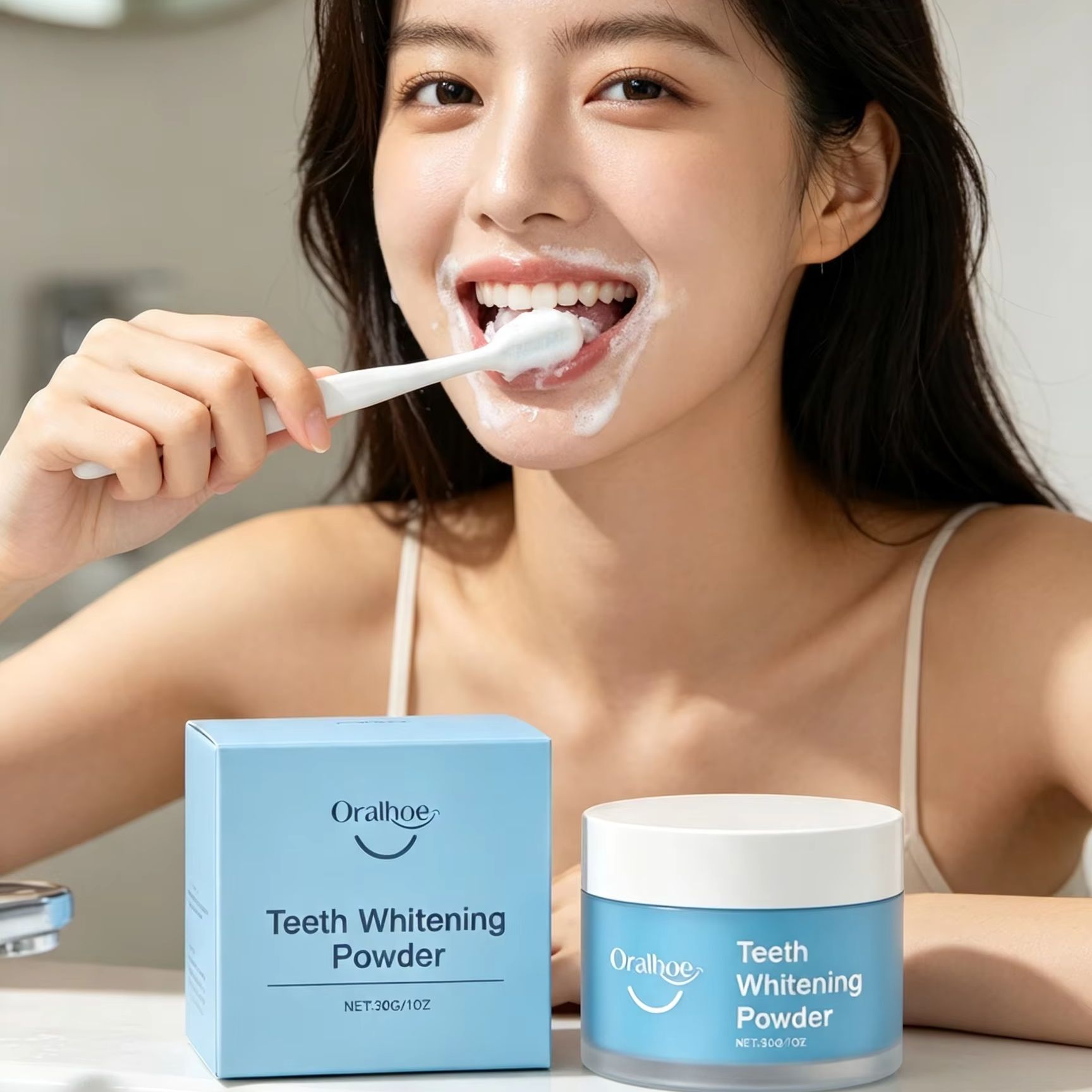 Teeth Whitening Q&M - مسحوق أورالهو لتنظيف الأسنان، مزيل البقع،